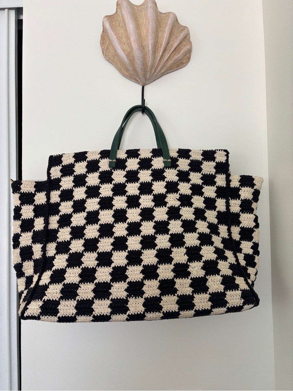 Clare V. Summer Simple Tote Black & Cream Checkered Crochet Large - Picture 2 of 4